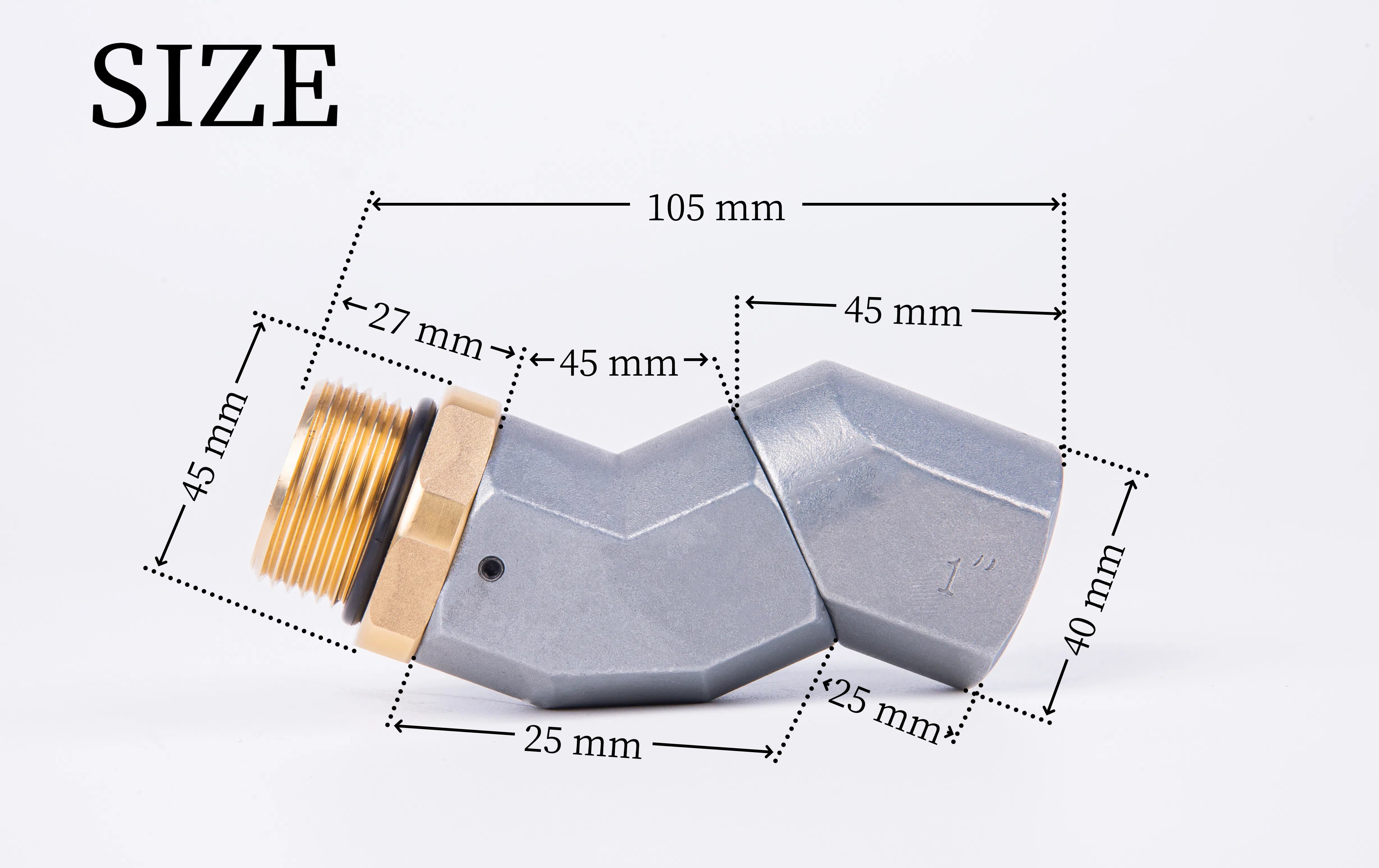 Joints Fittings 45° type Swivel joint 1" Rotates freely 360° Rotates on two axes Screw outer diameter 33mm Inner diameter 30mm Dimensions: BSPP1" x 1" (25A) JMS-0045-25A